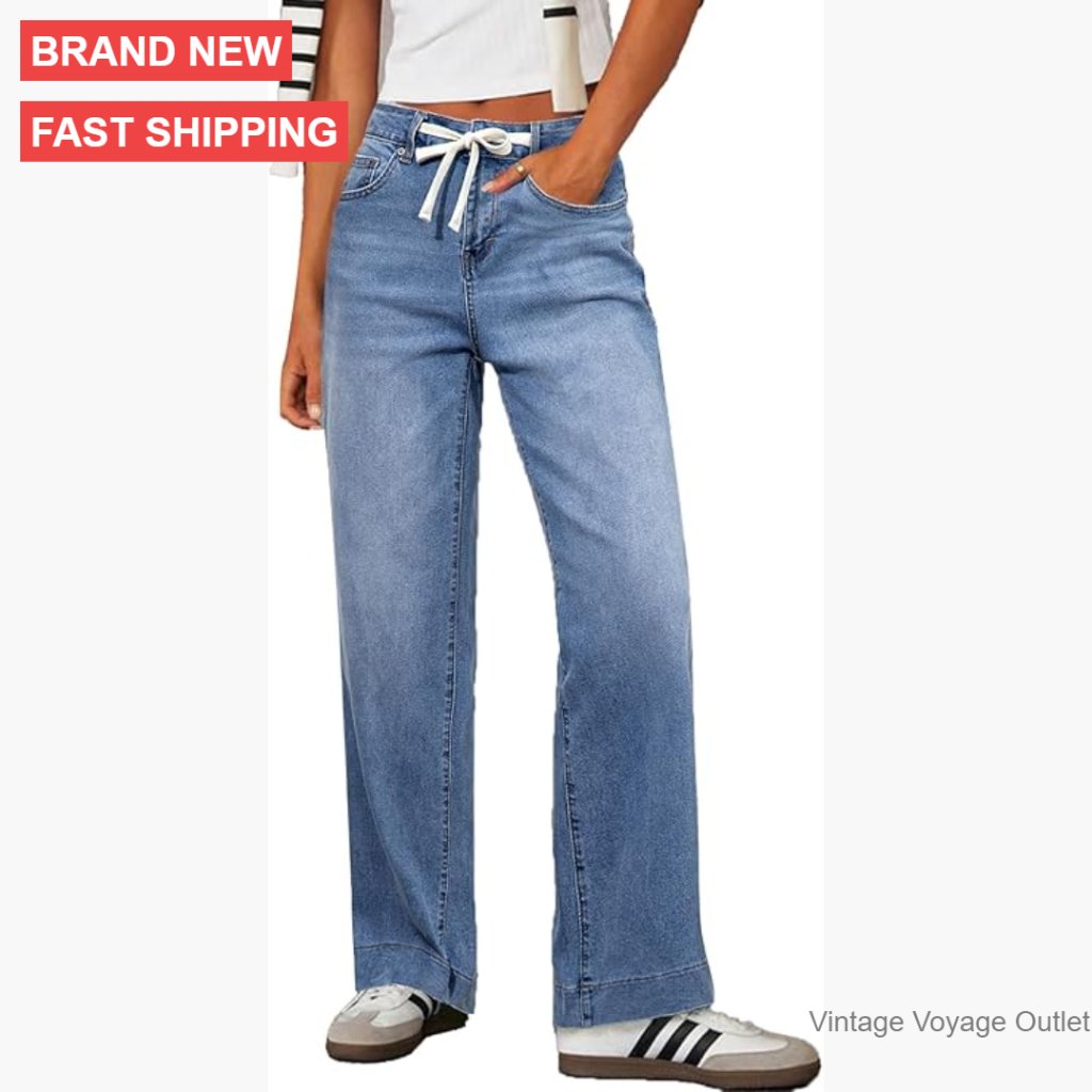 High Waisted Wide Leg Stretchy Jeans Drawstring Straight Leg Denim Pants